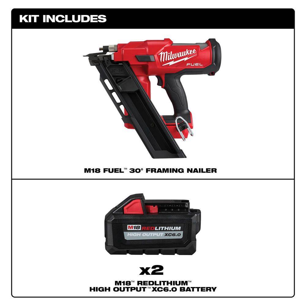 MW M18 FUEL 3-12 in. 18-Volt 30-Degree Lithium-Ion Brushless Cordless Framing Nailer w2-Pack of 6.0ah Batteries 2745-20-48-11-1862