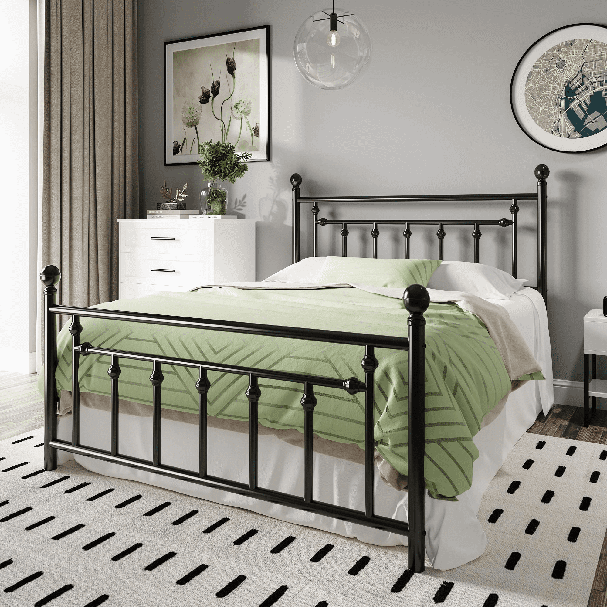 Einfach Queen Size Bed Frame with Victorian Style Iron-Art Headboard and Footboard, Black