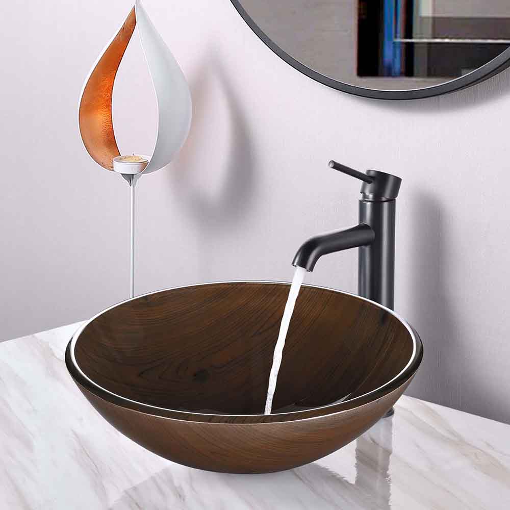 Yescom Round Glass Vessel Sink Bathroom Bowl Lavatory Basin Wood Grain