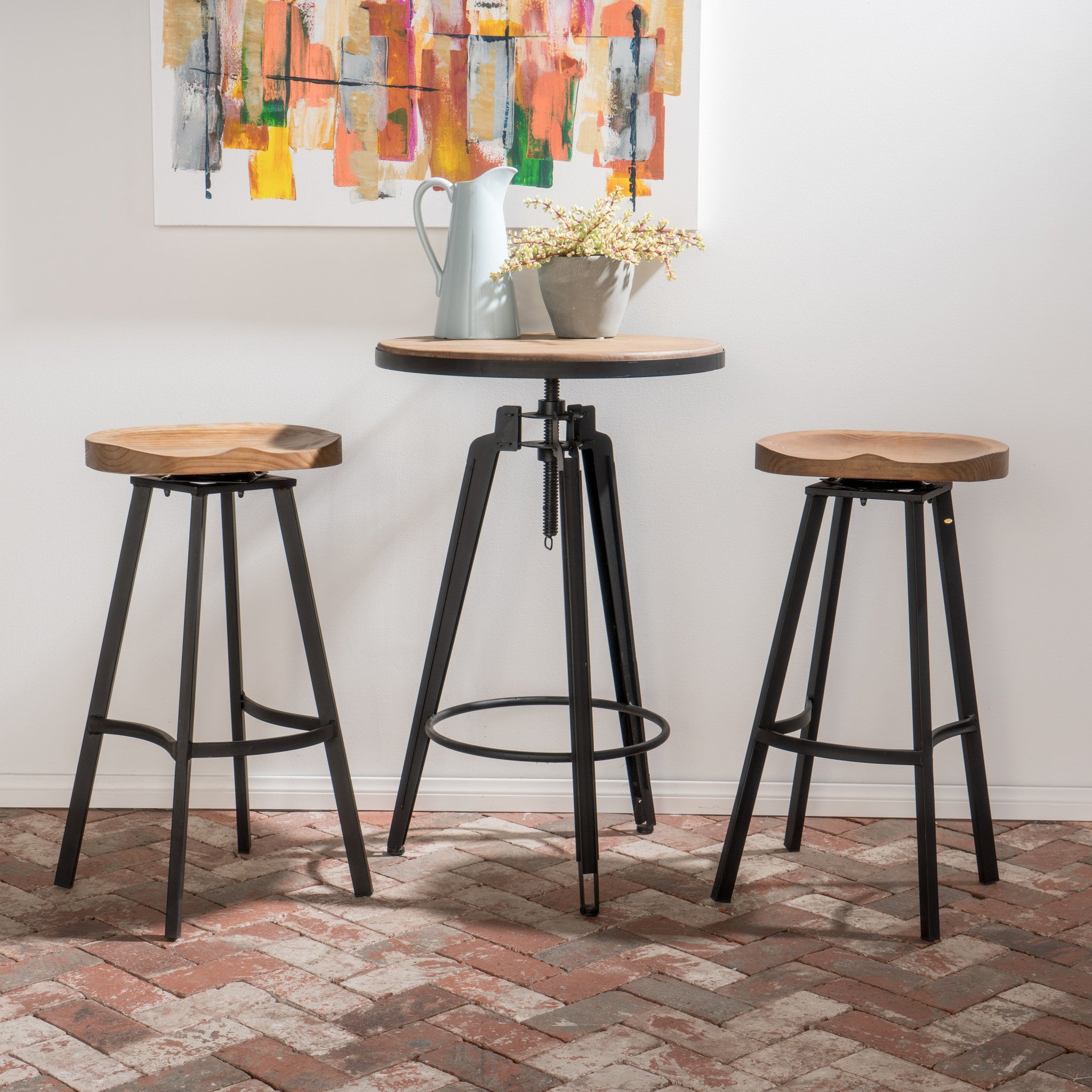 Xanadu Industrial Adjustable Antique Finish Wood Bar Set with Swivel Stools