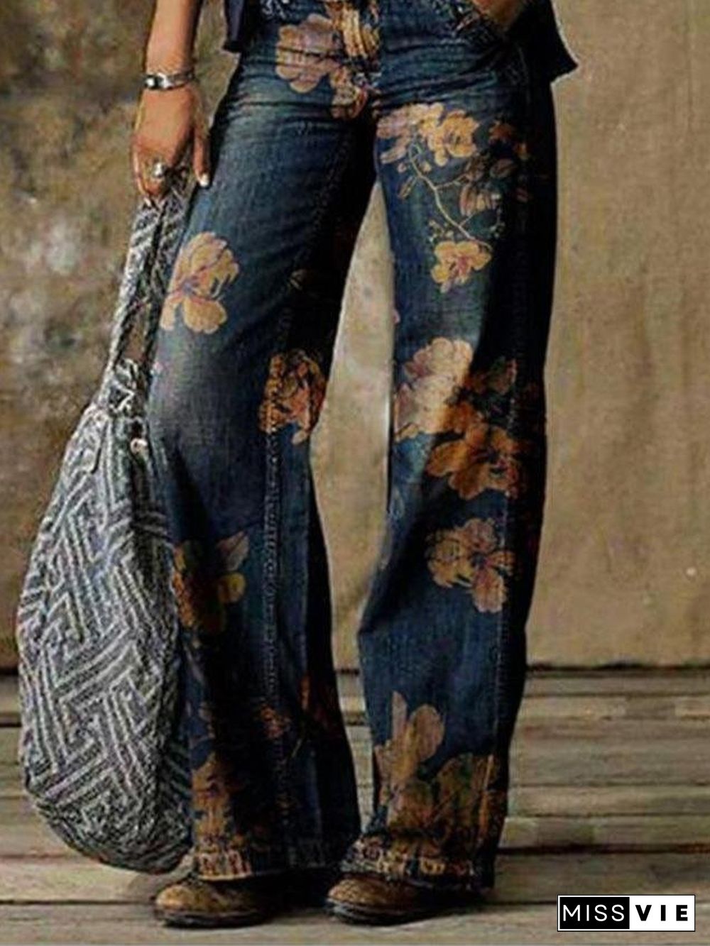 Casual Plus Size Printed Wide-leg Jeans