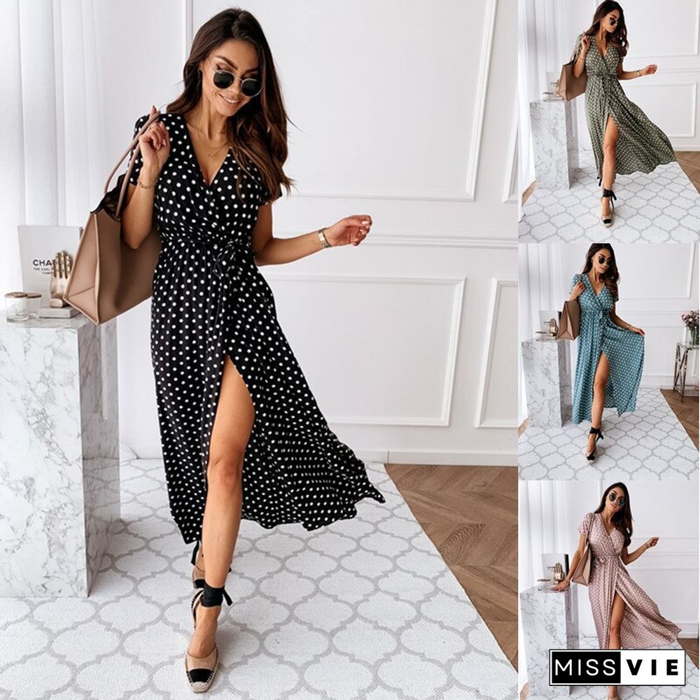 Bohemian Dot Print Dress Women Summer Short Sleeve V-neck Dress Women High Waist Slit Beach Dress Vestido Feminino