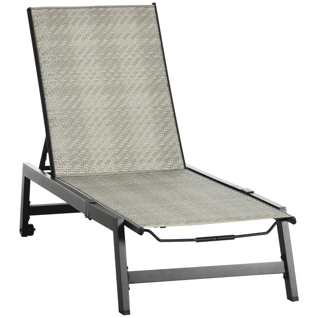 Outsunny Outdoor Chaise Lounge Chair Waterproof Rattan Wicker Pool Furniture With 5 position Reclining Adjustable Backrest amp Wheels Gray