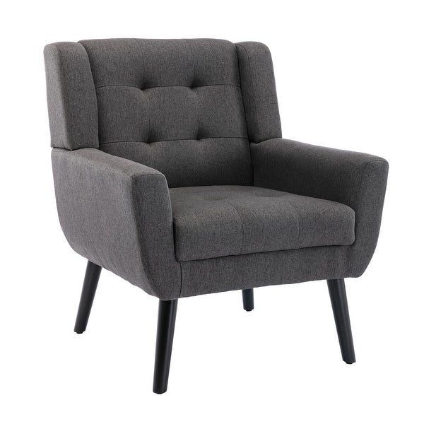 Modern Soft Linen Material Ergonomics Accent Chair With Tufted Back and Seat， Square Arms and Black Tapering Metal Legs