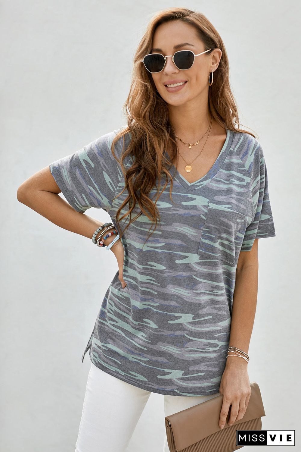 Army Green V Neck Front Pocket Camo Tee