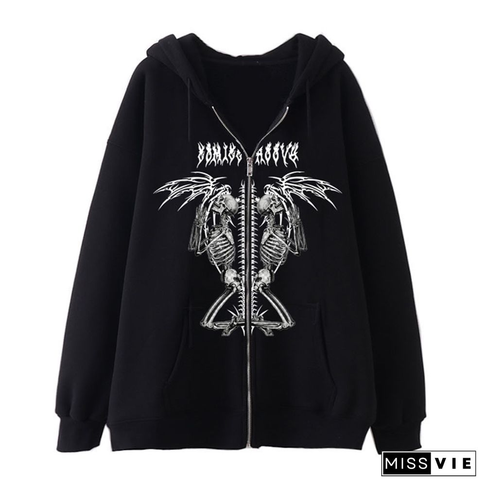 Gothic Jacket Hoodie Women Skeleton Printed Zipper Long Sleeve Hooded Top Dark Academia Clothes Vintage Coat Streetwear