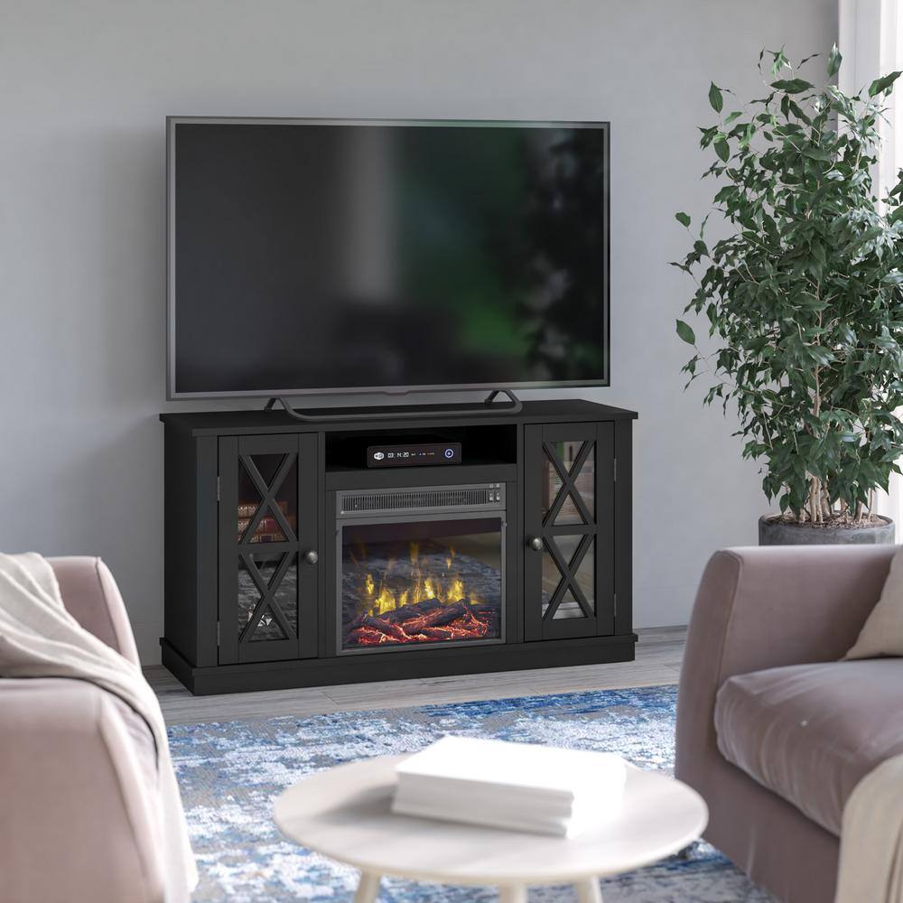 Twin Star Home 47.5 in. Freestanding Wooden Electric Fireplace TV Stand in Black 18MM6092-PB84S