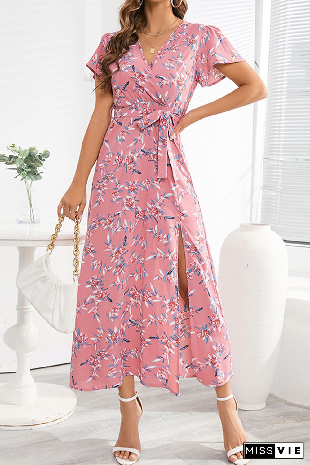 Flower Print Waist Tie Surplice Split Dress