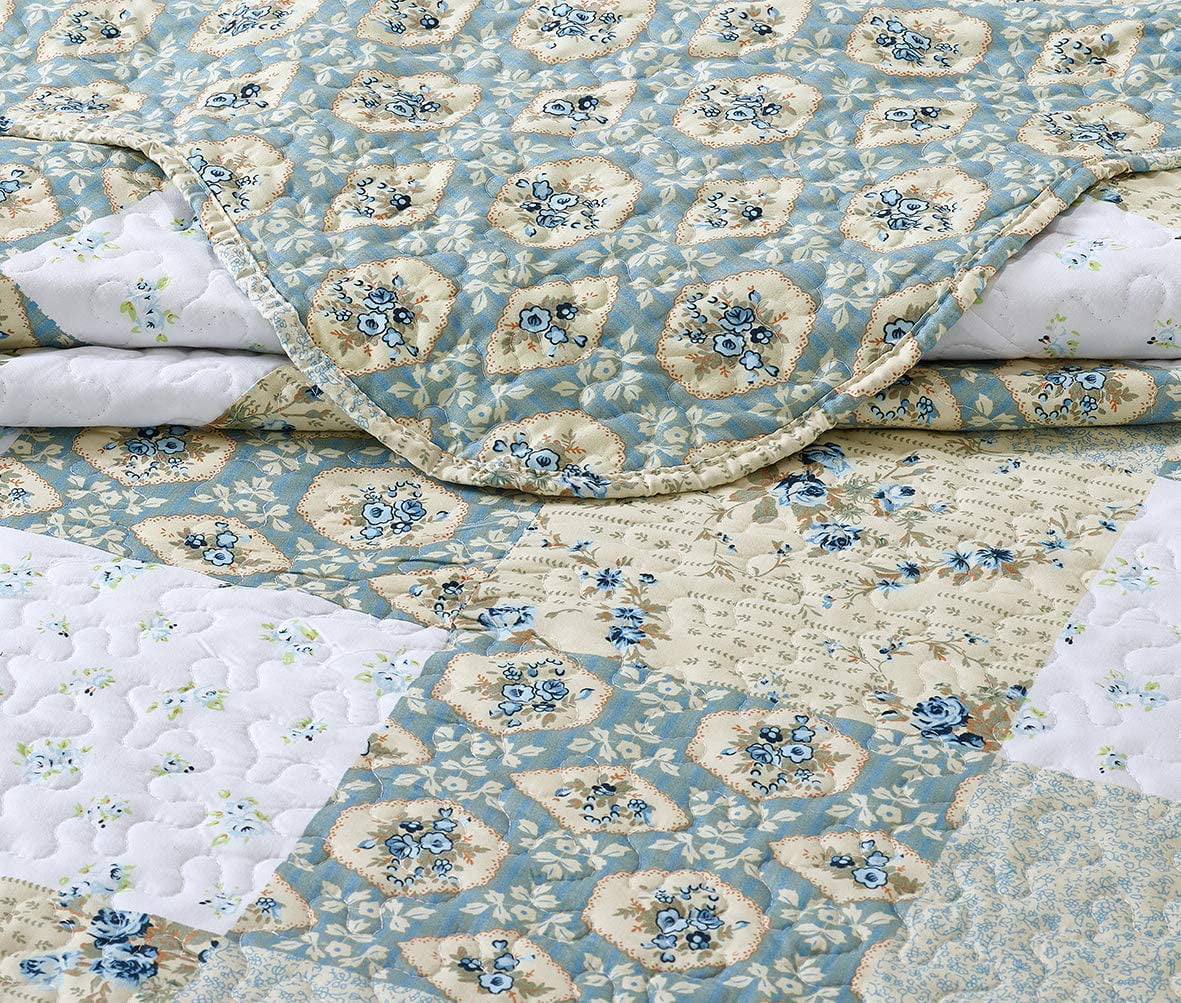 All American Collection New Reversible 3pc Floral Printed Patchwork Blue/Green Bedspread/Quilt Set