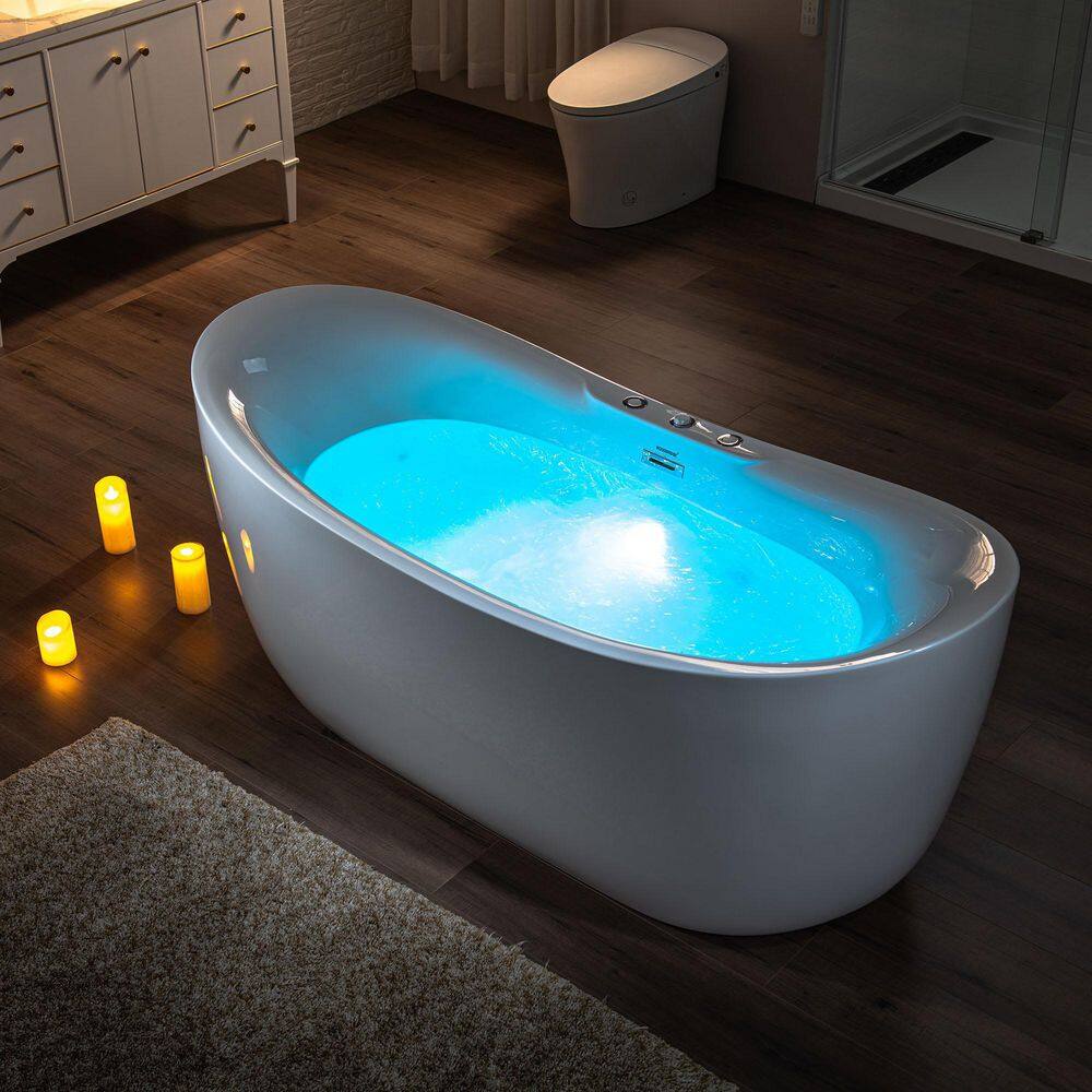 WOODBRIDGE 71 in. Acrylic Flatbottom Freestanding Whirlpool and Air with Inline Heater BathtubDrain and Overflow Included in White HBT6076