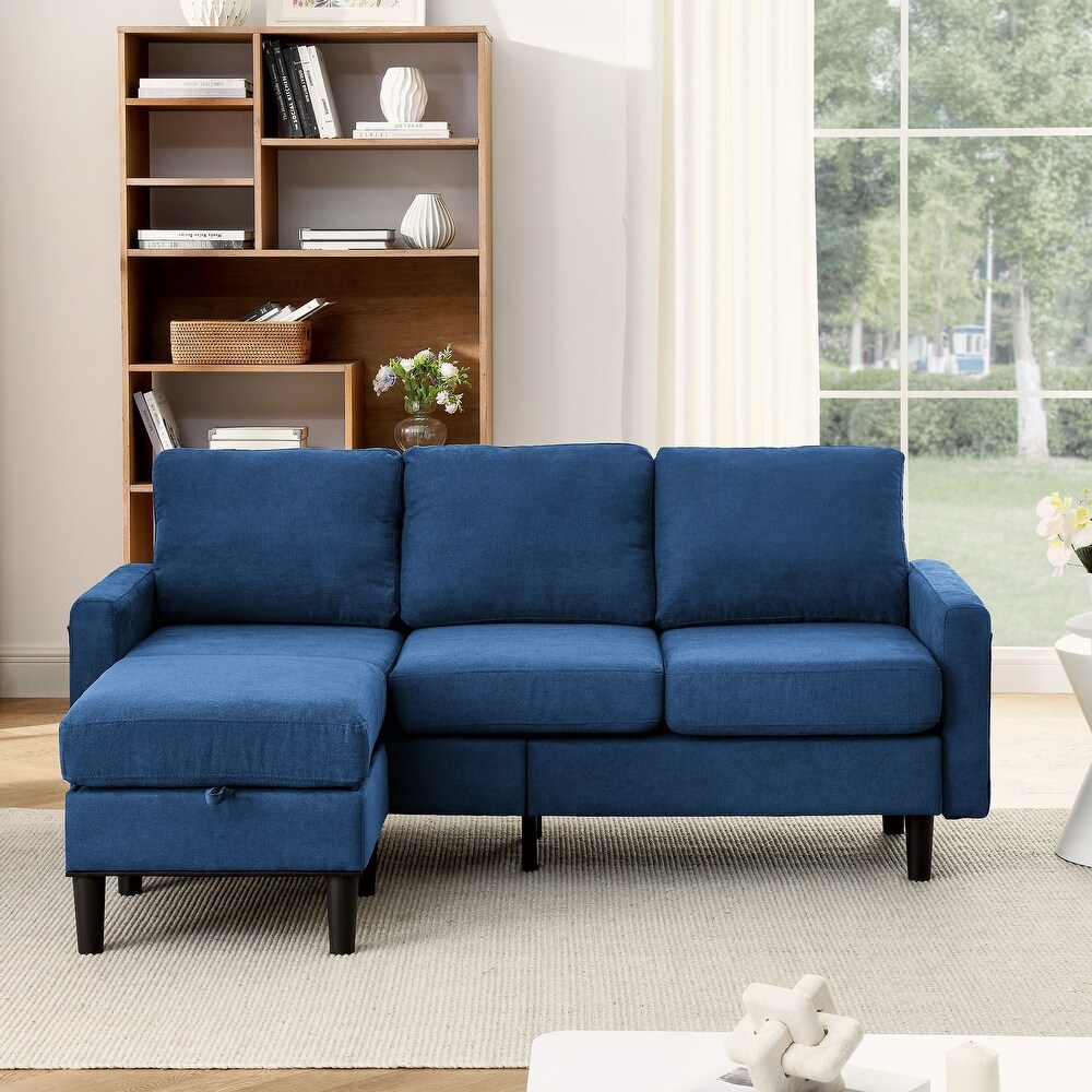 Navy Blue Upholstered L Shaped 3 Seater Sectional Sofa with Reversible Ottoman