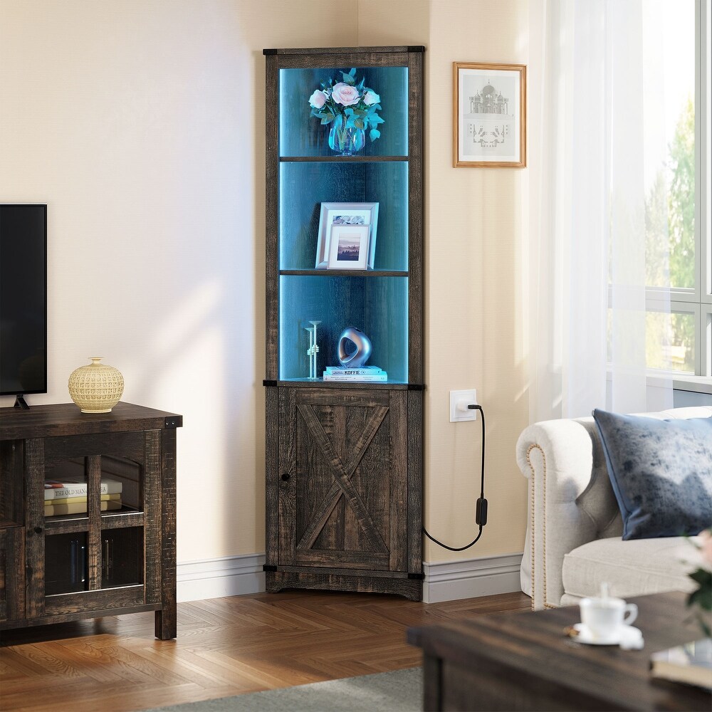 Moasis LED Corner Storage Cabinet with Light Farmhouse Tall Corner Cabinet with Barn Door Design