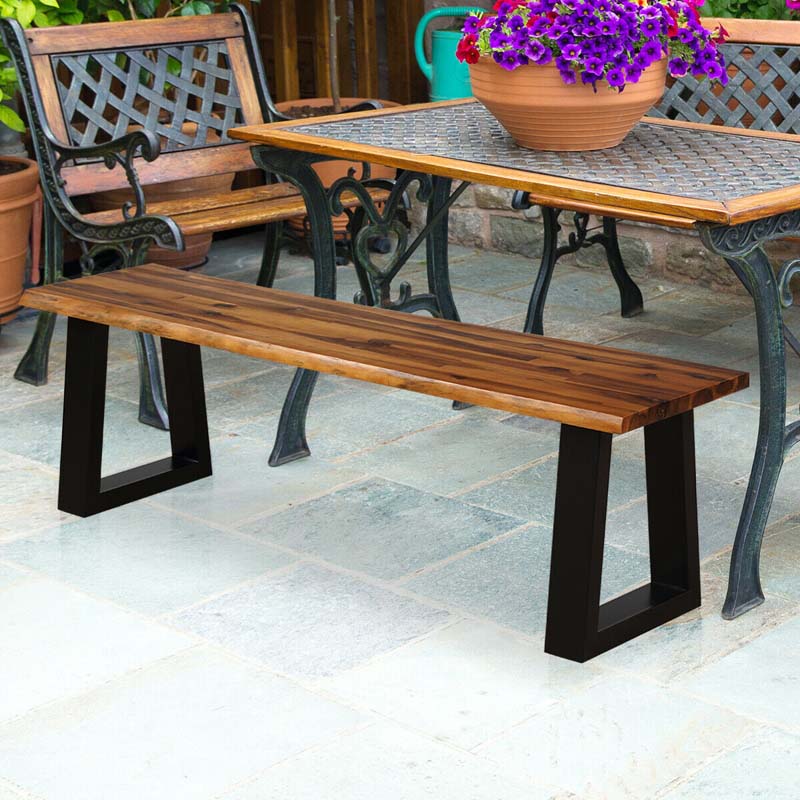 Rustic Solid Acacia Wood Bench with Metal Legs, Patio Dining Bench Outdoor Picnic Bench Seating Chair