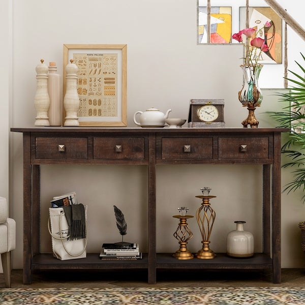 Brushed Texture Entryway Console Table with Drawer and Shelf， Espresso