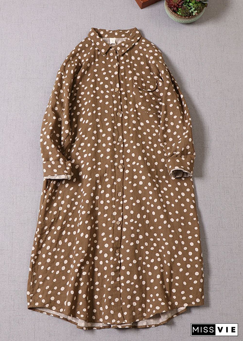 French Yellow Brown Button Dot Print Cotton Dress Spring