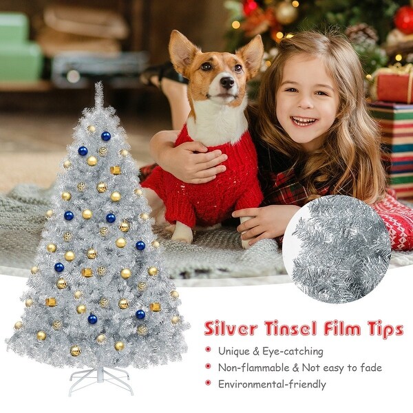 6ft Hinged Unlit Artificial Silver Tinsel Christmas Tree Holiday with Metal Stand