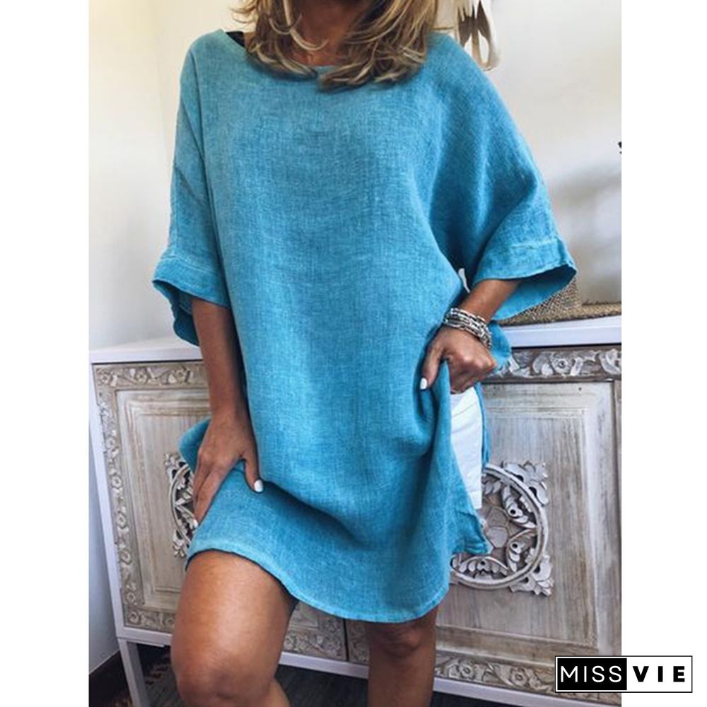 Women's Summer Casual Short Sleeve Plus Size Oversized T-shirt Dress Solid Color Loose Slit Hem Long Linen Blouses Side Slit Beach Wear Party Dress