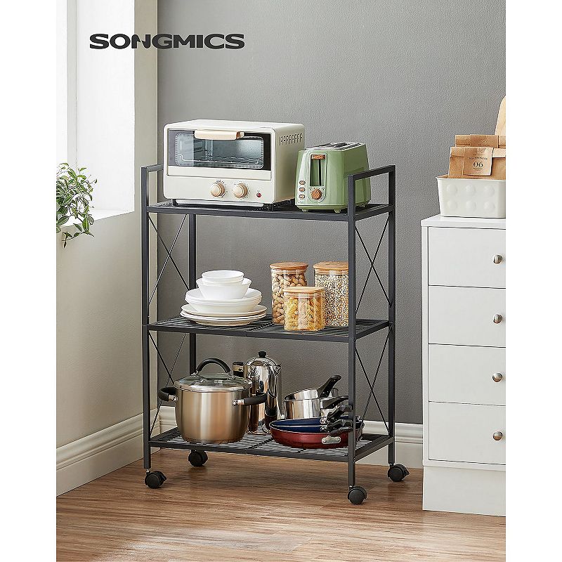 3-tier Metal Storage Rack With Wheels， Mesh Shelving Unit With X Side Frames