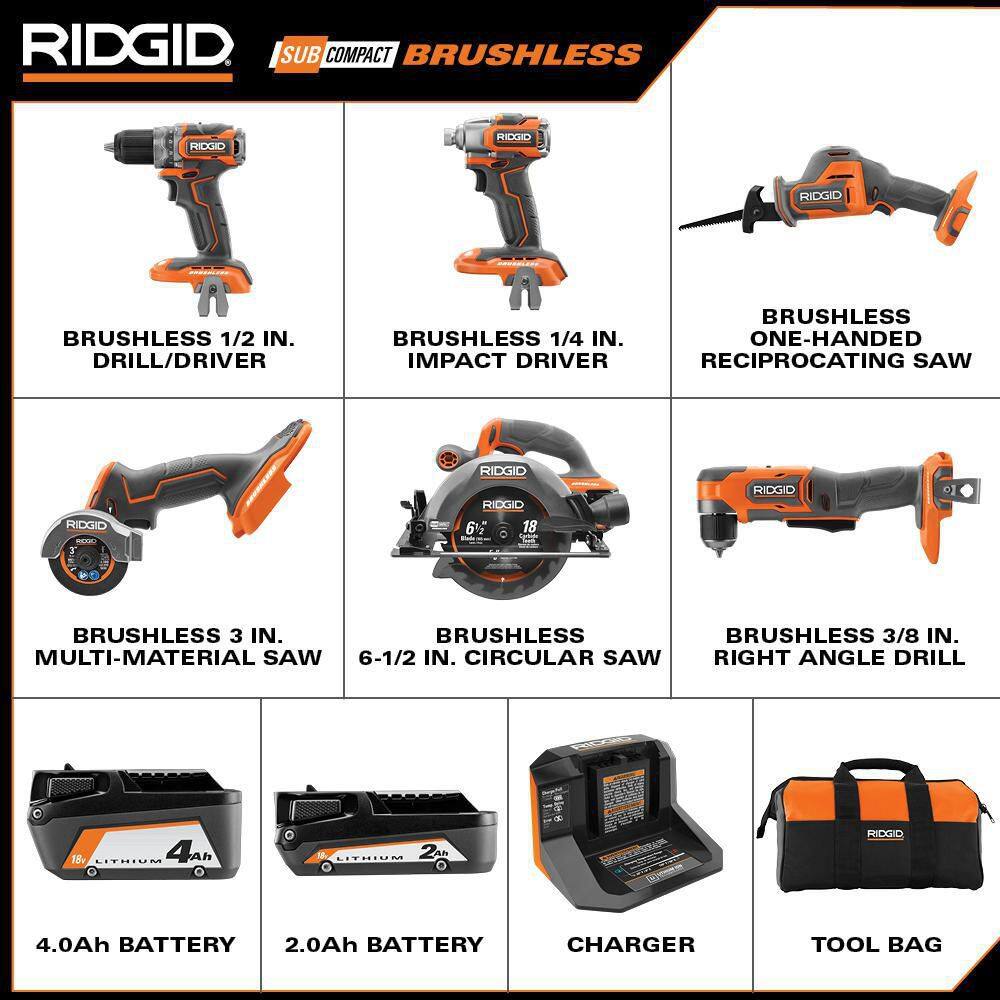 RIDGID 18V SubCompact Brushless Cordless 6-Tool Combo Kit with 2.0 Ah Battery 4.0 Ah Battery Charger and Bag R96261