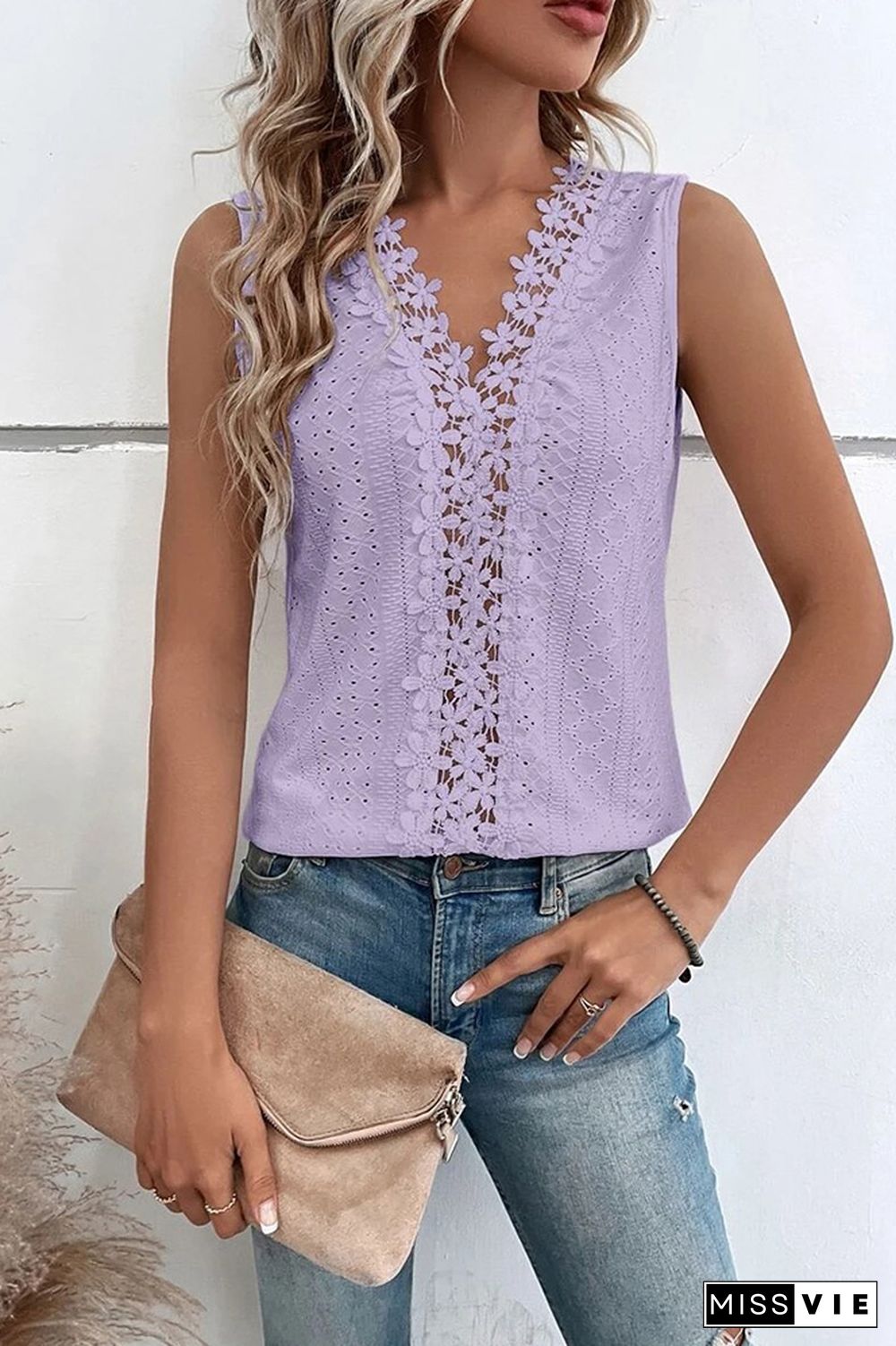 V Neck Jacquard Eyelet Tank Top