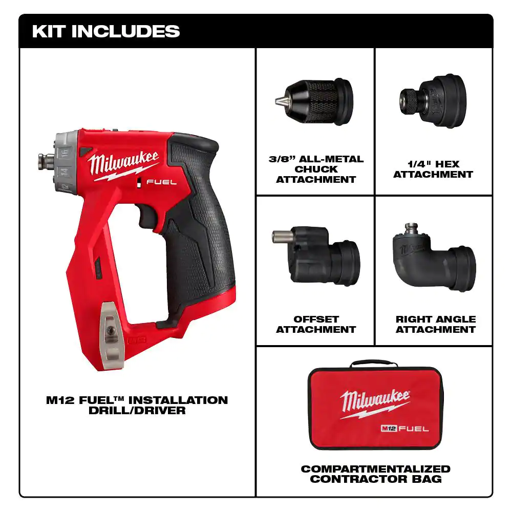 Milwaukee M12 FUEL 12V Lithium-Ion Brushless Cordless 4-in-1 Installation 3/8 in. Drill Driver with 4 Tool Head (Tool-Only)