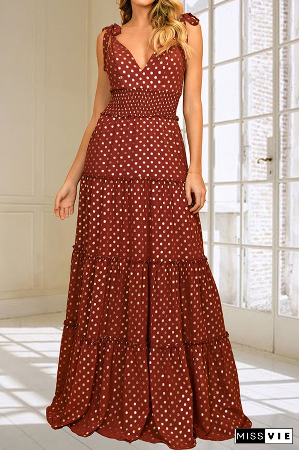 Polka Dot V Neck Sleeveless Long Dress Wholesale