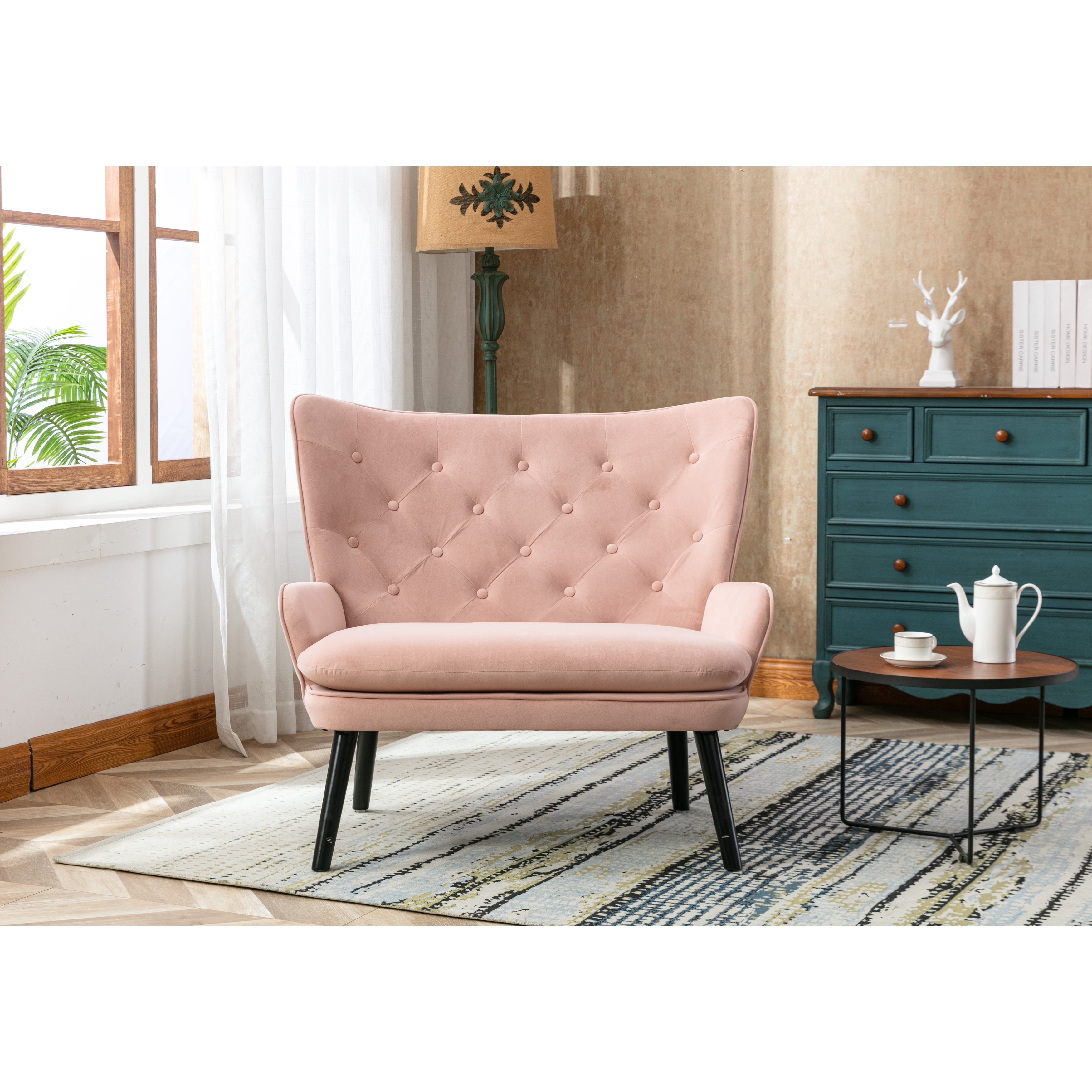 Cozy Mid-Century Accent Chair with High Back and Padded Seat， Pink