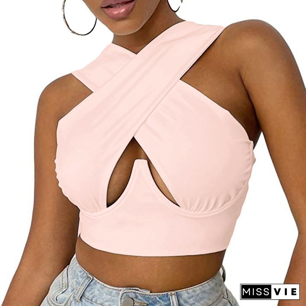 Hollow Out Crossed Sexy Vest Women Solid Color Cropped Tops Slim Fit Sleeveless Double Use Camisole Tank Tops