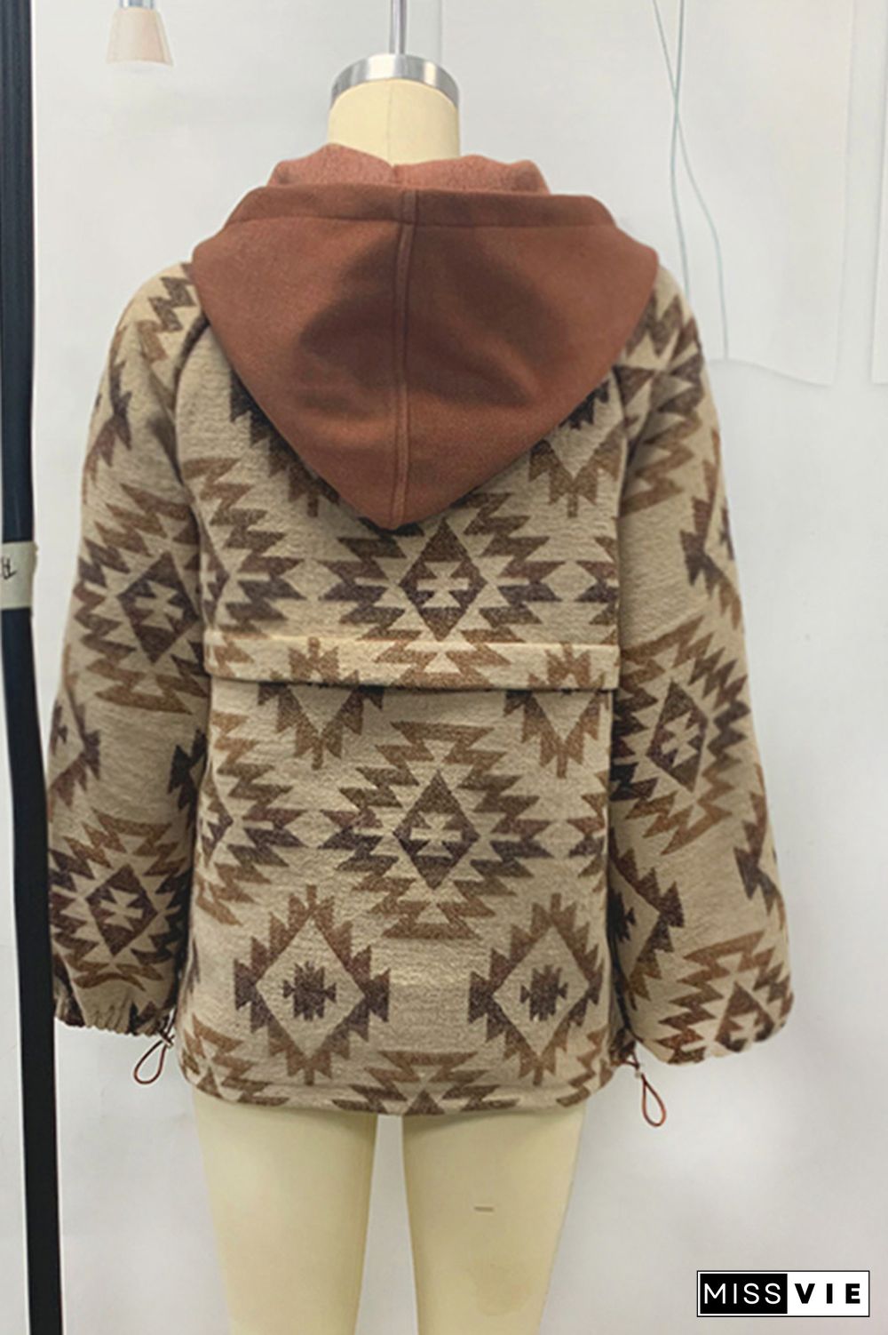 Aztec Print Zipper Drawstring Hoodie Sweatshirt