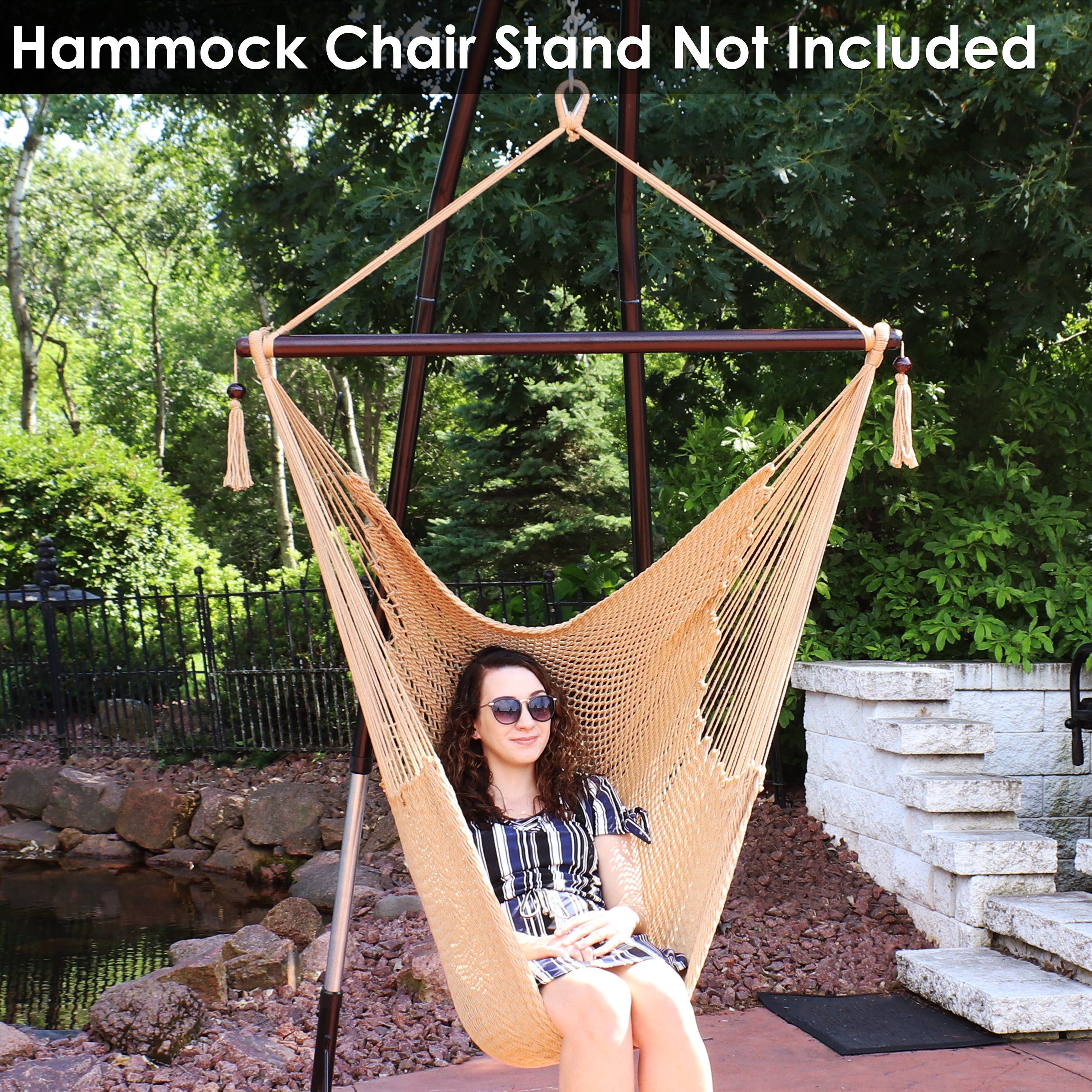 Sunnydaze Caribbean Style Extra Large Hanging Rope Hammock Chair Swing for Backyard and Patio - Tan