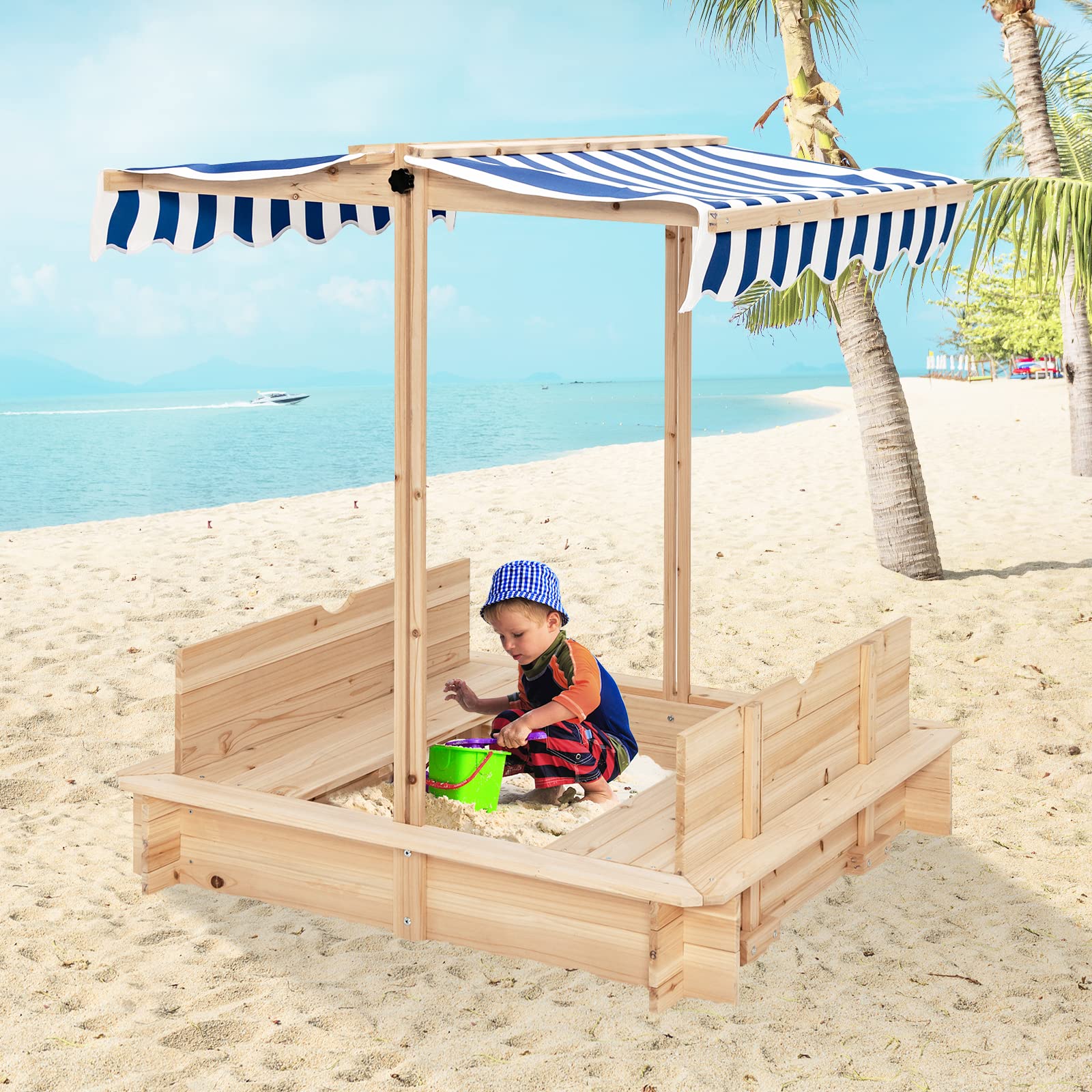 Costzon Kids Wooden Sandbox with Convertible Canopy, 2 Bench Seats w/Backrest, Children Outdoor Playset