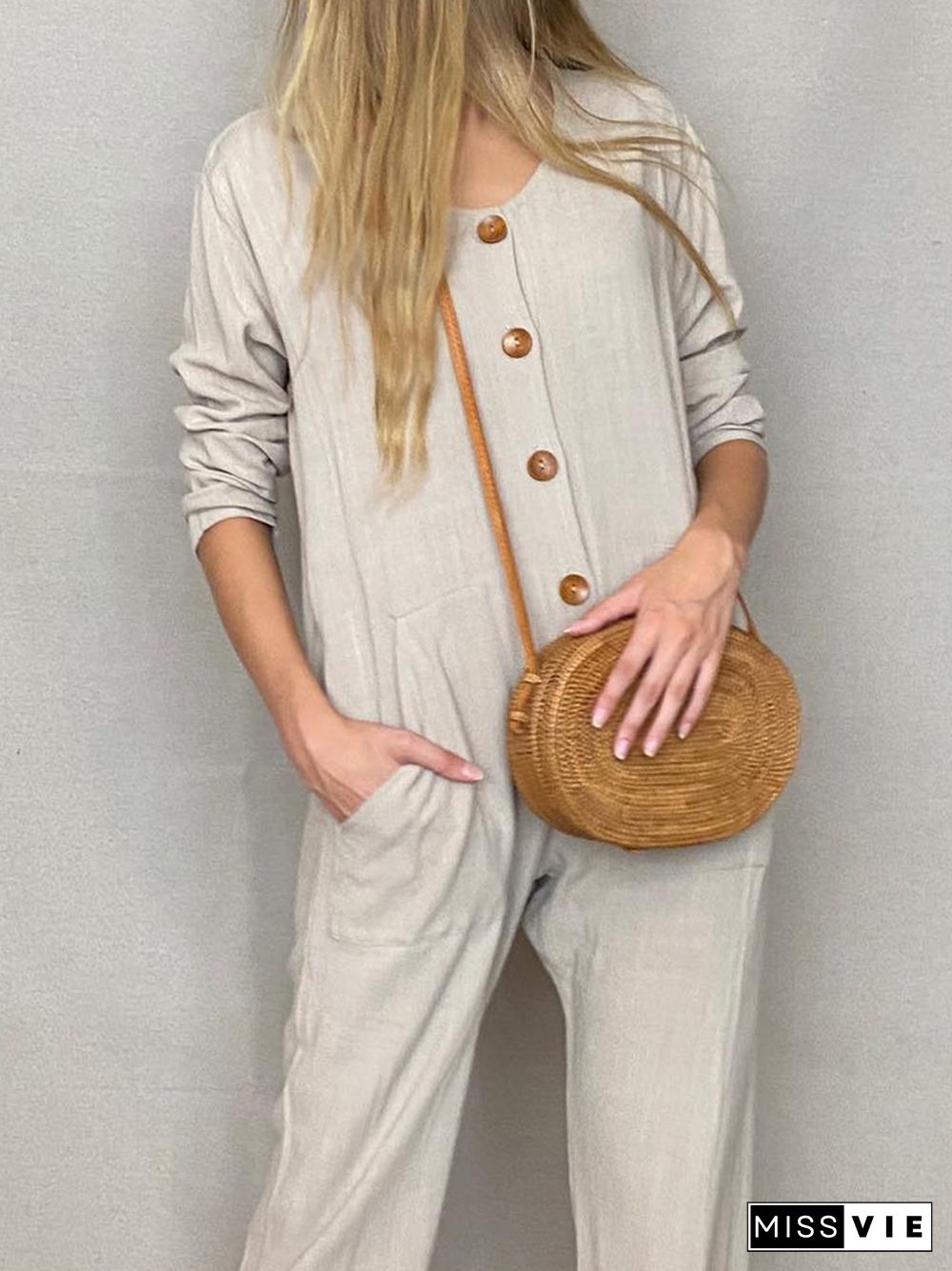 Casual Plain Long Sleeve Jumpsuit & Romper