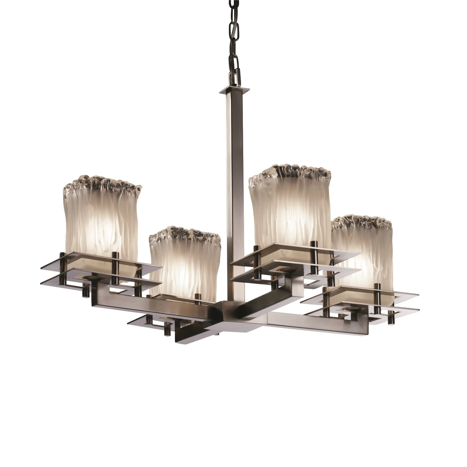 Justice Design Veneto Luce Metropolis 4-light Brushed Nickel Chandelier, White Frosted Square - Rippled Rim Shade