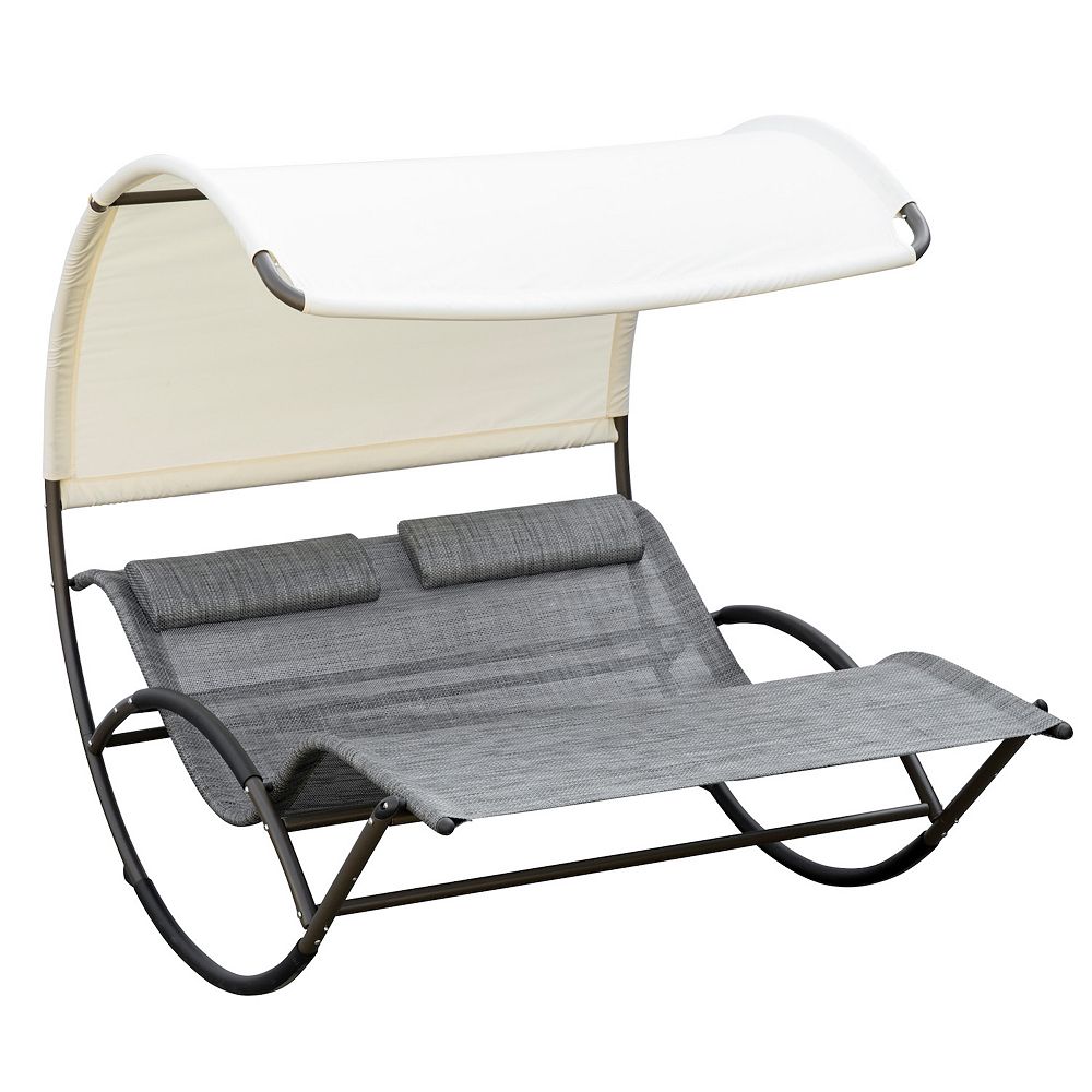 Outsunny Outdoor Double Chaise Rocking Chair， Day Bed Sun Lounger with Canopy Shade， Headrest Pillow， Light Gray