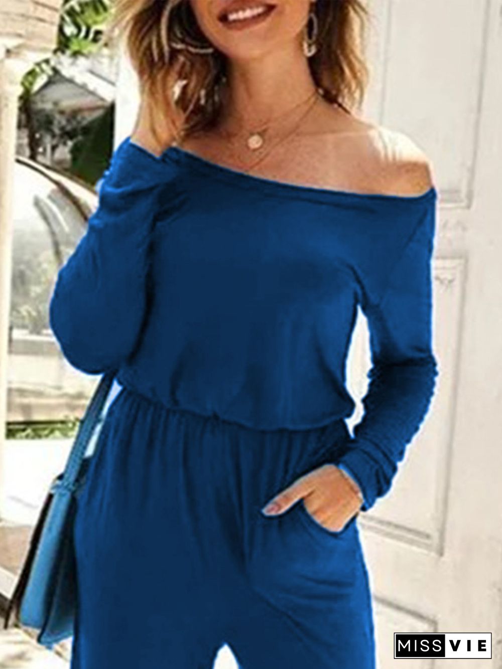 Plain Long Sleeve Off Shoulder Plus Size Casual Jumpsuits