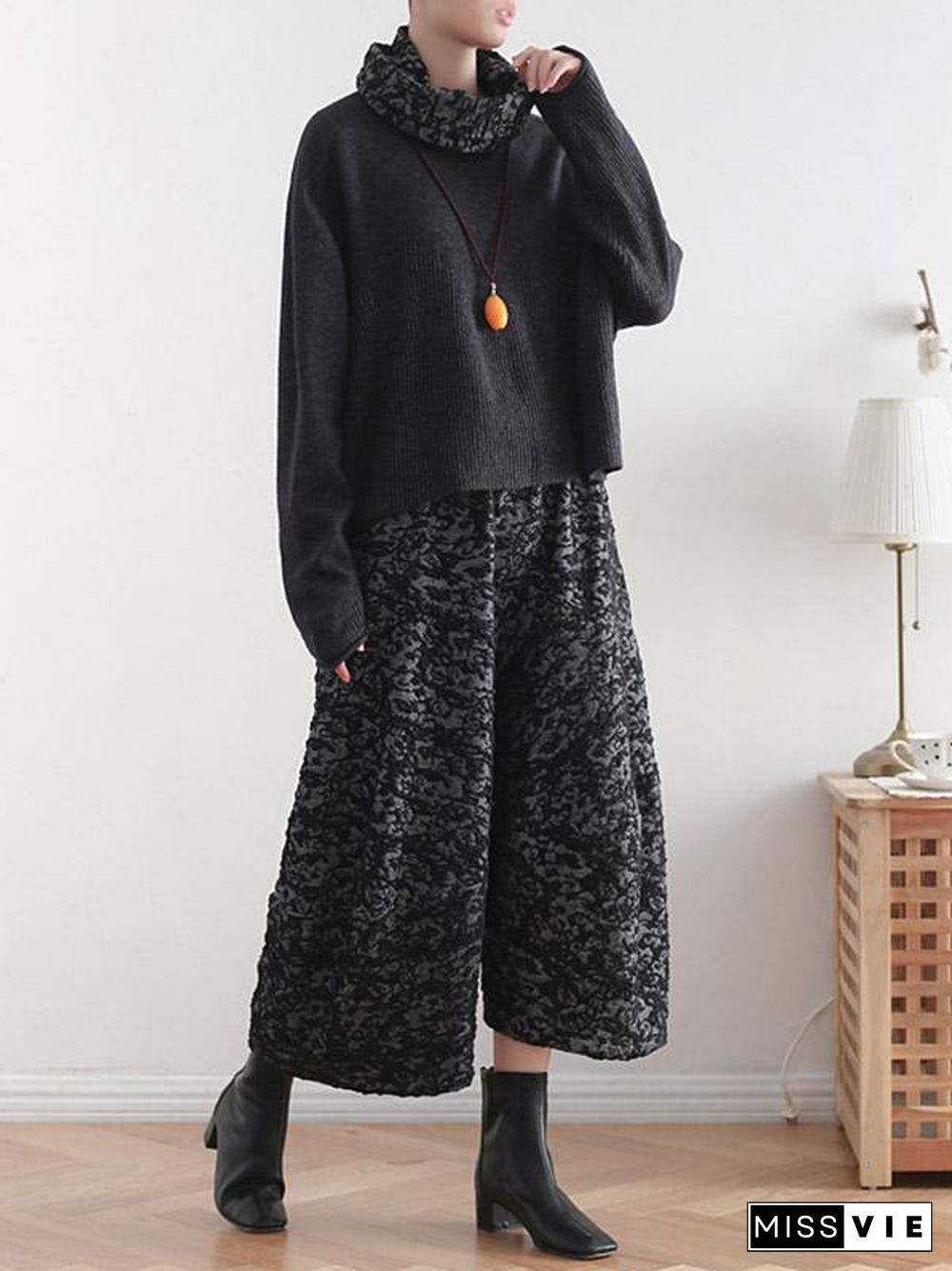 Vintage Loose Thickening Jacquard Nine-Quarter Pants