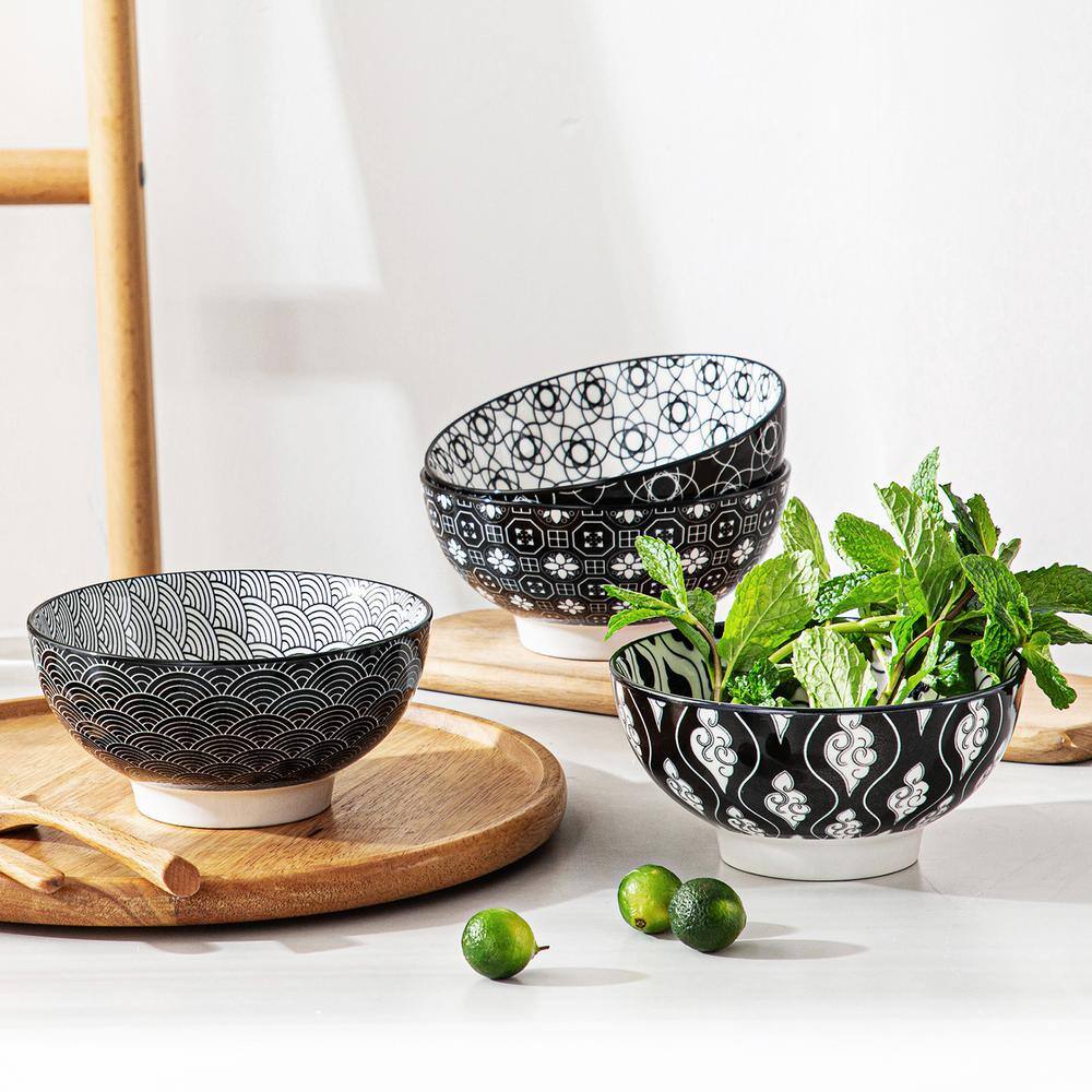 vancasso Haruka 4-Piece Japanese Style Black Porcelain 6 in. Cereal Bowl in Vibrant Colour Patterned (Set of 4) VC-HARUKA-SDW