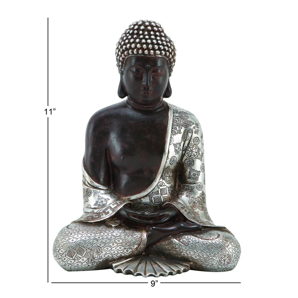 Silver Polystone Bohemian Buddha Sculpture with Engraved Carvings and Relief Detailing   9 x 5 x 11