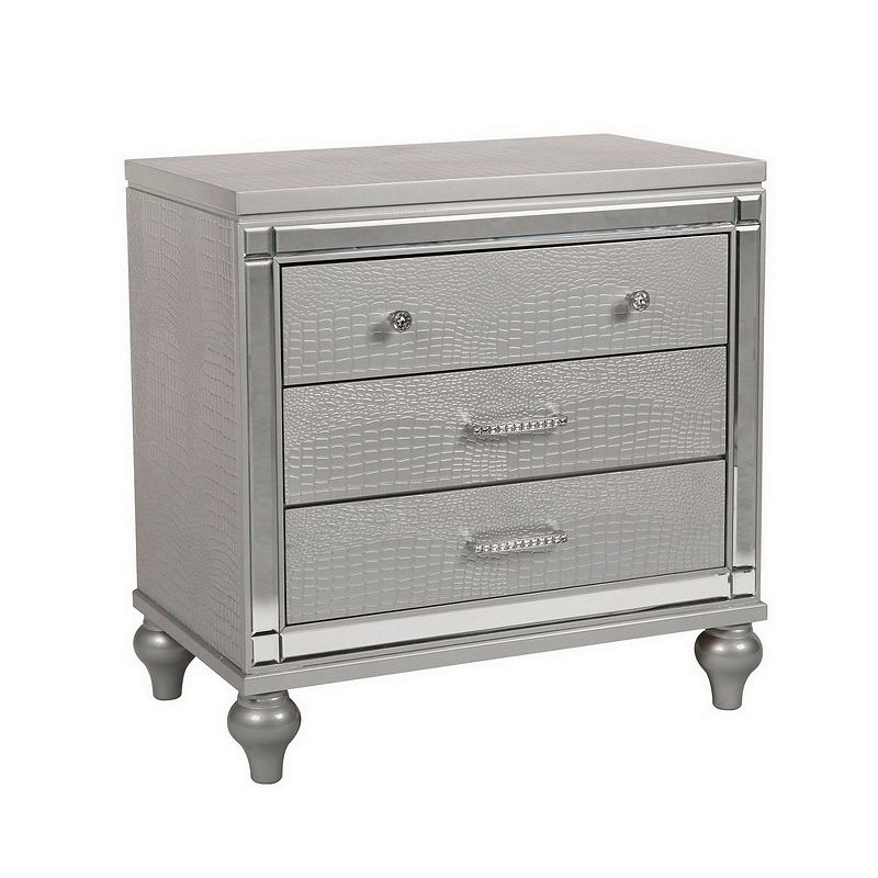 3 Drawer Wooden Nightstand with Mirror Accents and Faux Crystal Pulls， Gray