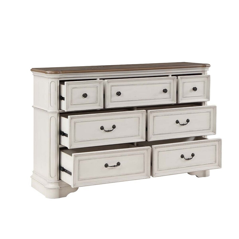 Rigel 64 Inch Transitional Wood Dresser  7 Drawers  Antique White  Brown