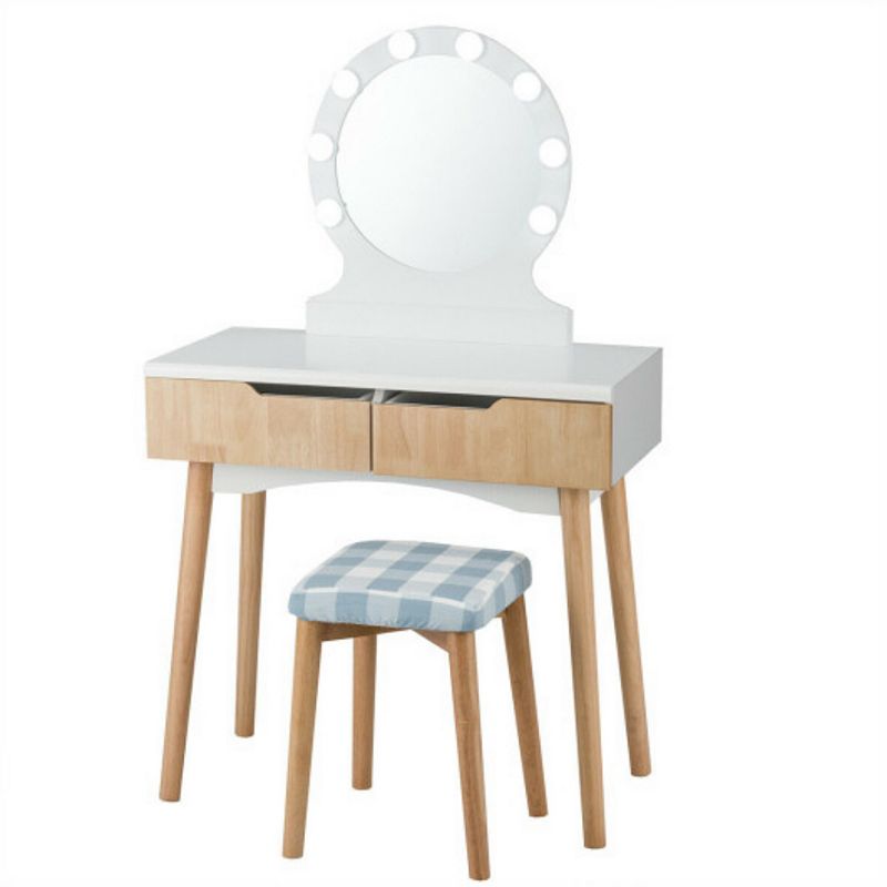 Dressing Table with Large Round Mirror and 8 Light Bulbs for Bedroom