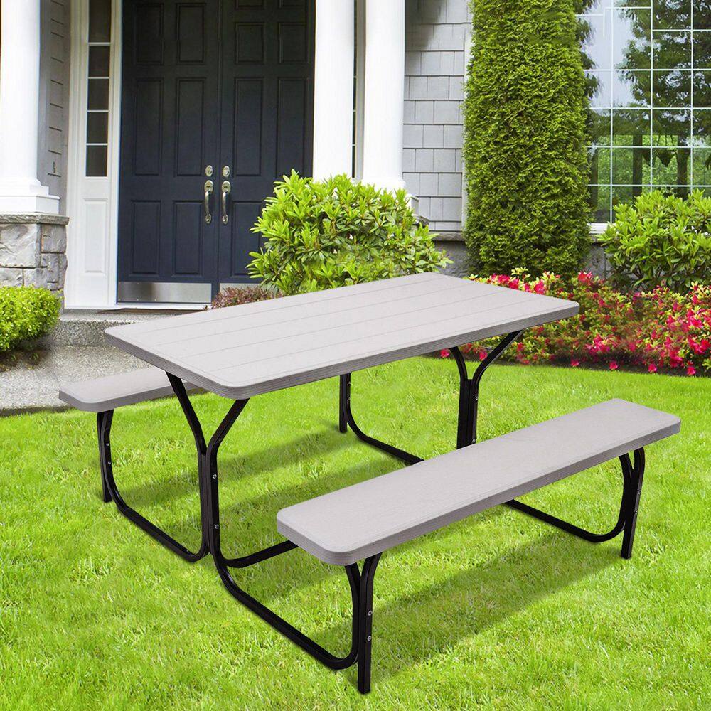 ANGELES HOME 54 in. W x 59 in. D x 28.5 in. H Metal Frame Outdoor Bench Set Picnic Table M34-8OP99WH