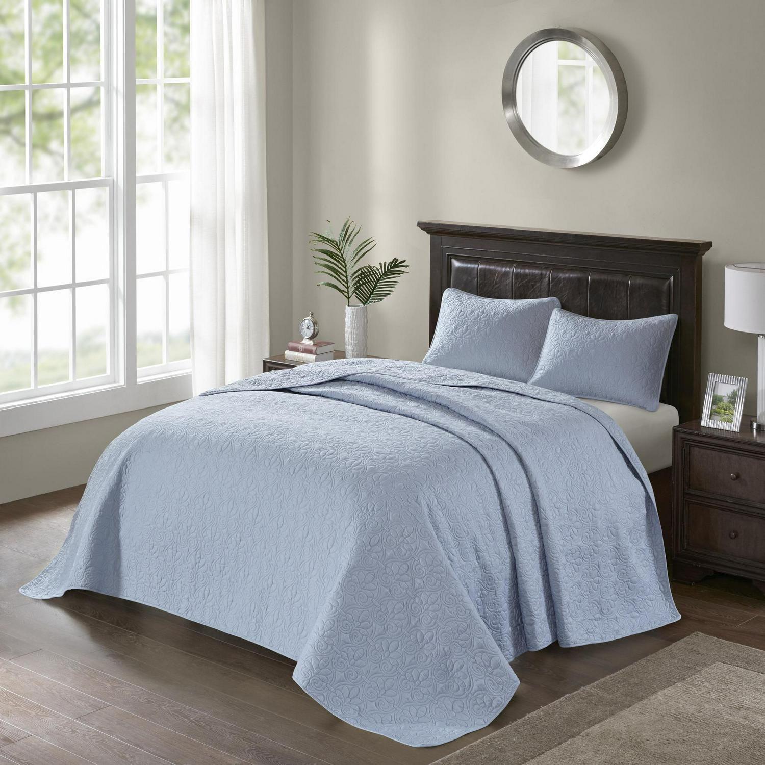 Home Essence Vancouver Solid Reversible Bedspread Set， Blue， Queen