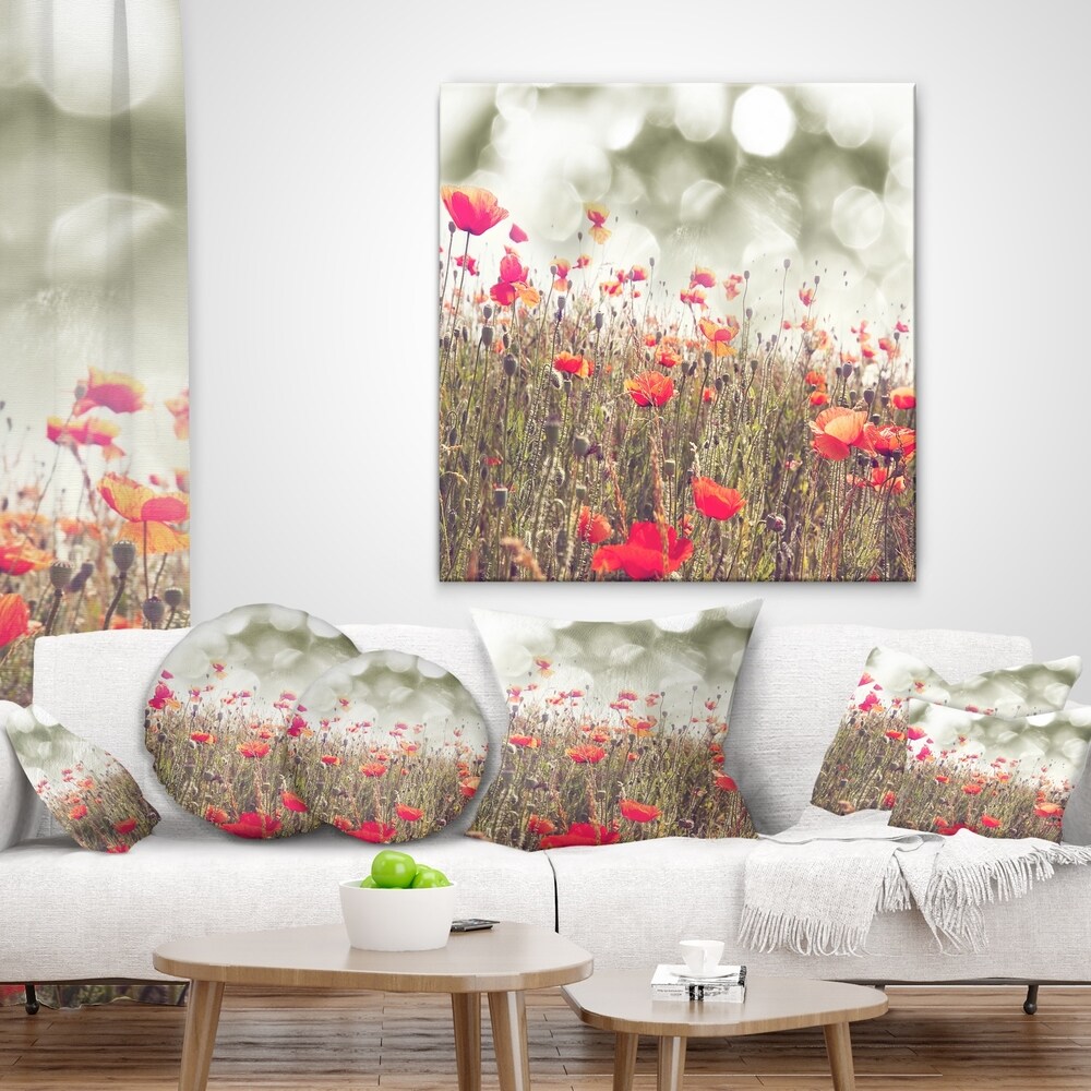 Designart 'Red Poppy Flowers Meadow' Floral Throw Pillow