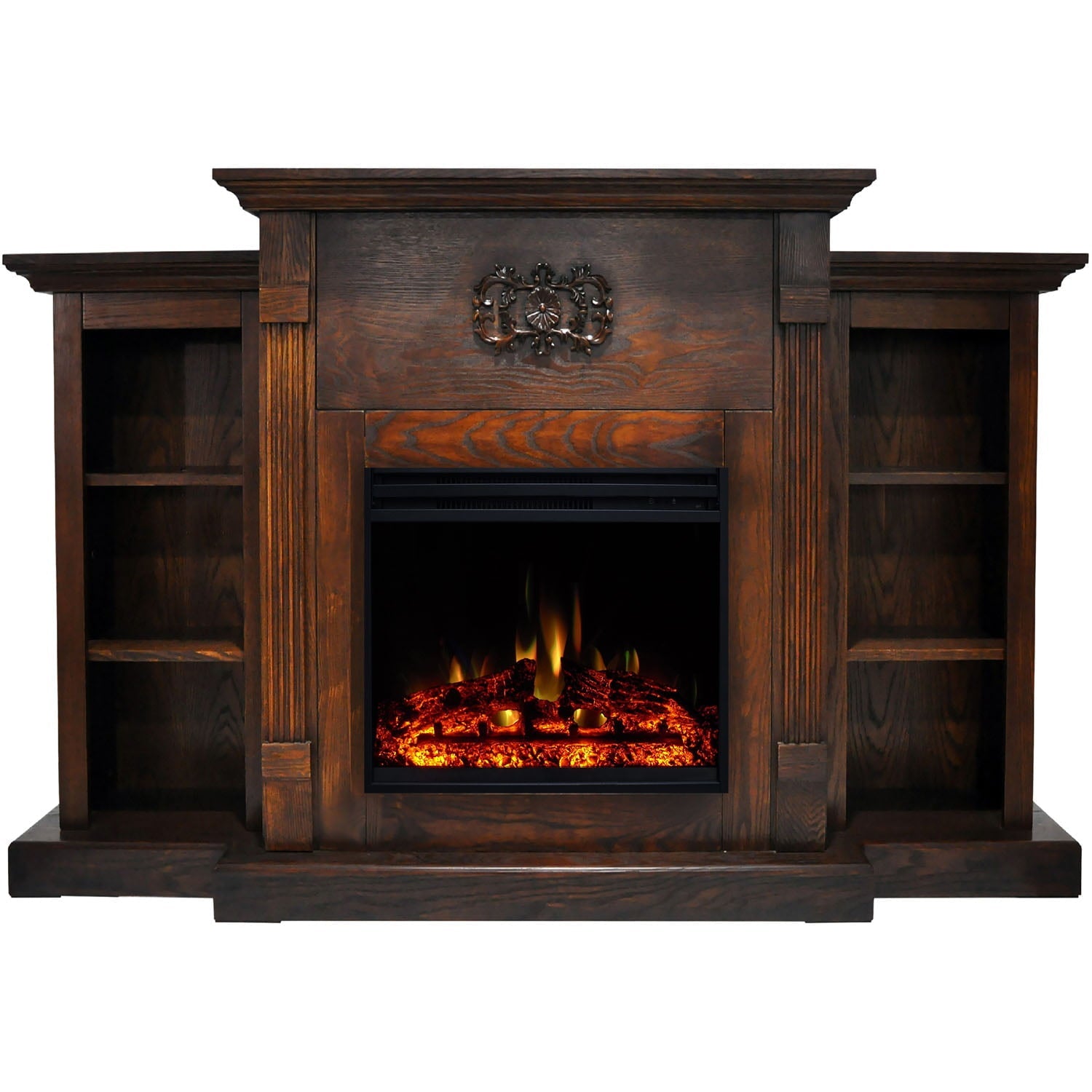 Cambridge Sanoma 72'' Electric Fireplace with Enhanced Charred Log Insert | Multi-Color Flame | For Rooms up to 210 Sq.Ft | Remote | Walnut Mantel | Adjustable Heat Settings | Timer