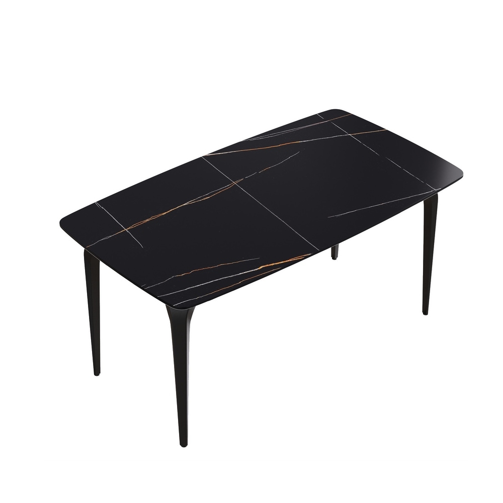 63 Inch Black Artificial Stone and Metal Leg Dining Table for 6 People