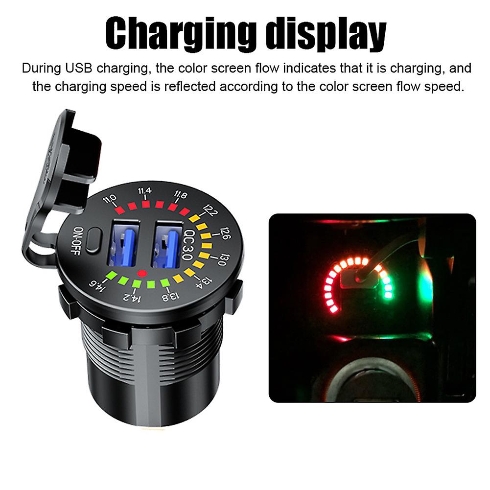 Qc 3.0 36w Usb Charger Fast Charger Motorcycle Dual Usb Charger Socket Led Flicker With Switch For Track Boat Dvr Gps Black