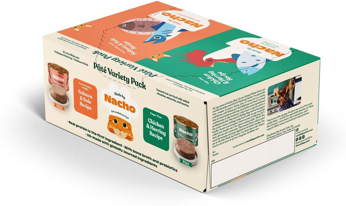 Made by Nacho Chicken， Herring and Salmon Variety Pack Grain-Free Pate Wet Cat Food， 3-oz can， case of 12