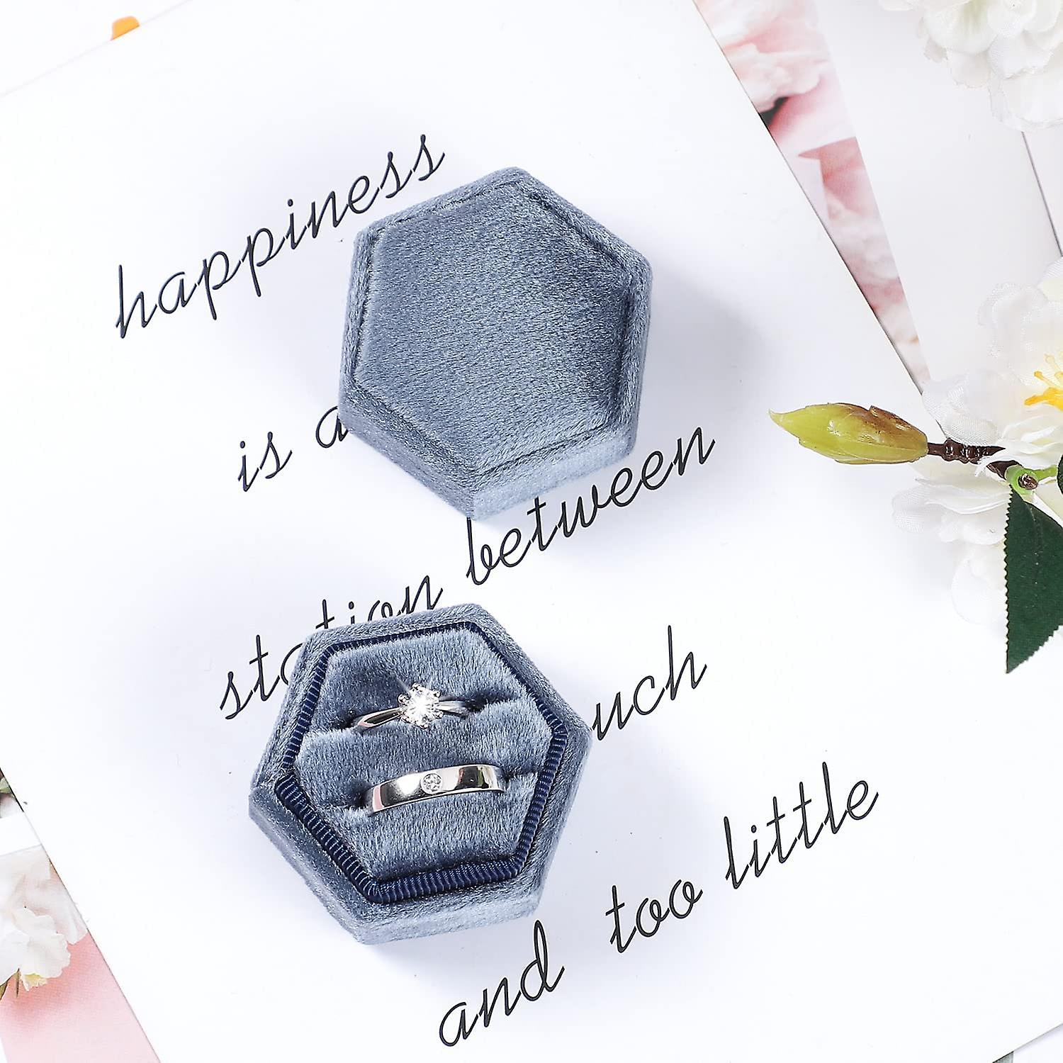 Velvet Jewelry Ring Box，hexagon Premium Gorgeous Vintage Double Ring Gift Box With Detachable Lid For Proposal Engagement Wedding Ceremony(haze Blue)