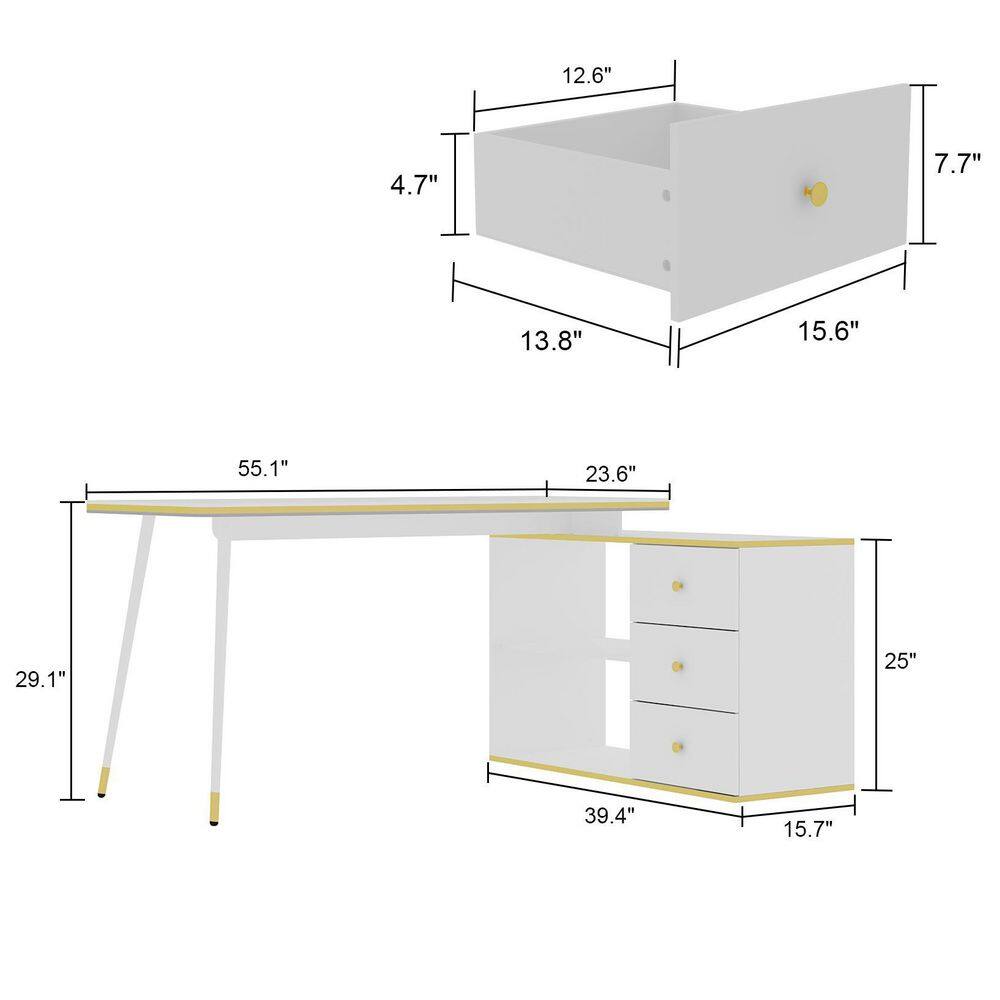 FUFUGAGA 55.1 in. Width L-Shaped White And Golden Wooden 3-Drawer Writing Desk Computer Desk with 2 Open Shelves LBB-KF020288-01